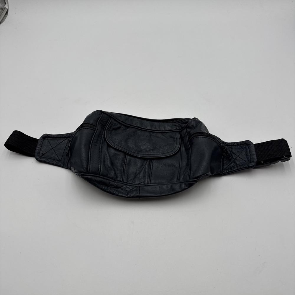 Vintage Navy Genuine Leather Early 2000s Fanny Pack Carry Waist Hip Belt Zip Bag